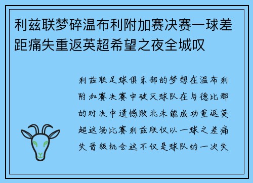 利兹联梦碎温布利附加赛决赛一球差距痛失重返英超希望之夜全城叹